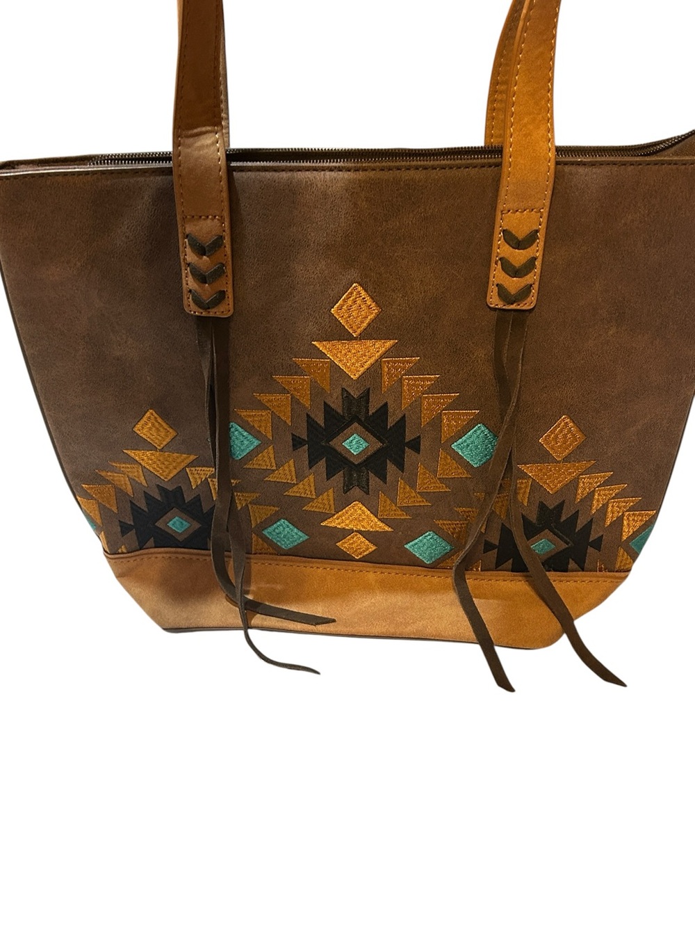 Montana West Southwestern Embroidered Tote Bag Brown Faux Leather Aztec Turquois